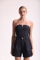 Shorts Jeans De Alfaiataria Evasê Com Botão - Isabella